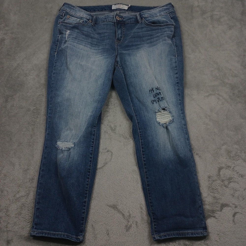 Torrid‎ Jeans Womens 18 Blue Distressed Denim Embroidered Quote Mid Rise Stretch
